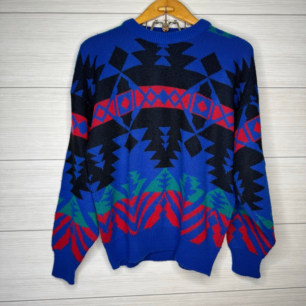 Vintage American Weekend Mens Large Blue Southwestern Geometric Knit Sweater USA